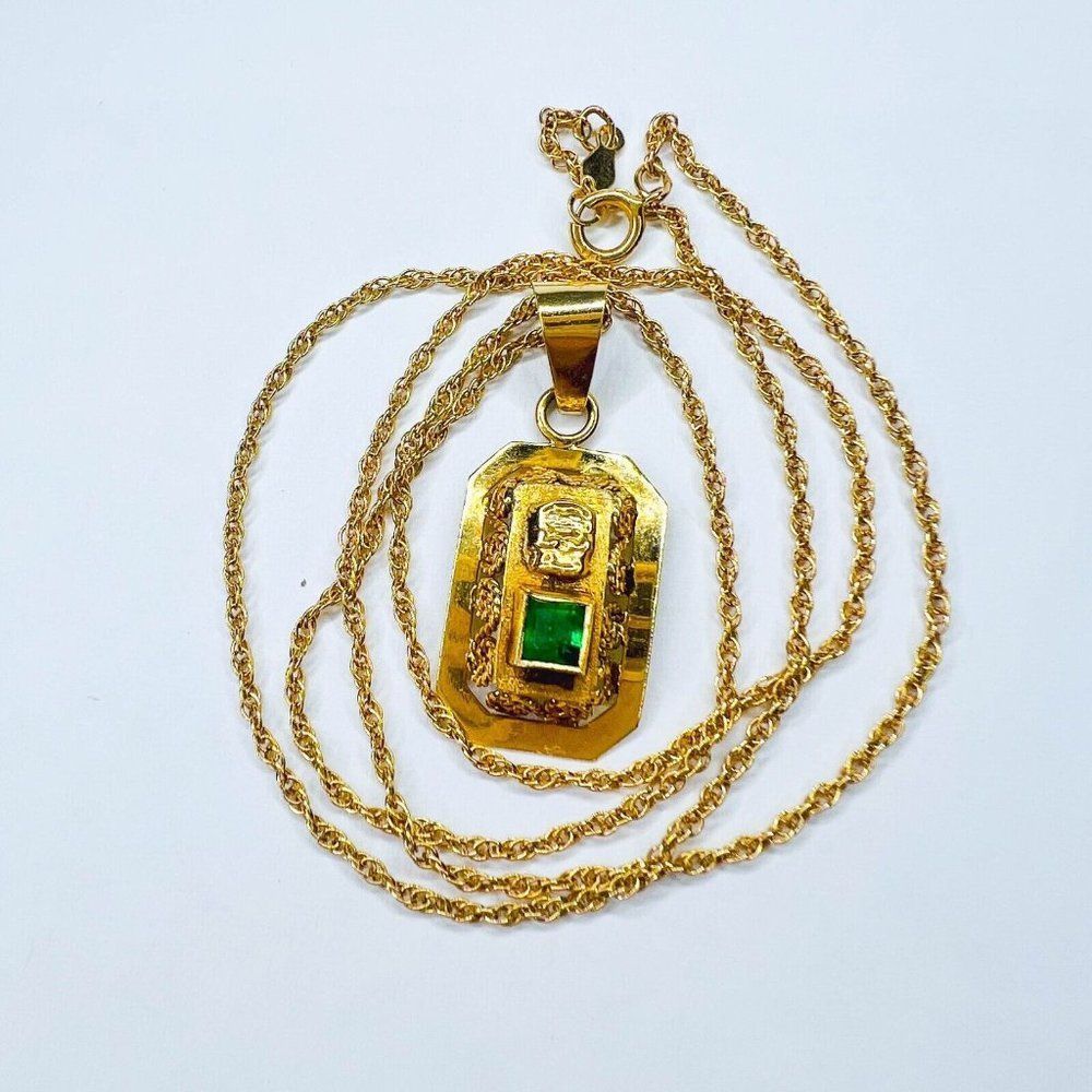 18k Yellow Gold Pre Columbian Tumi Natural Emerald Necklace 18" 3.3g 14k Chain - Picture 10 of 15